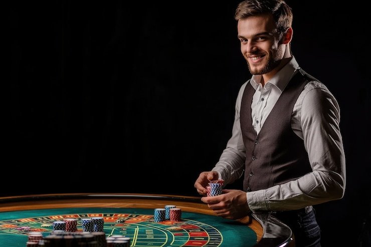 Live Baccarat dealer studio dengan multi-camera setup Live Baccarat dealer studio dengan multi-camera setup